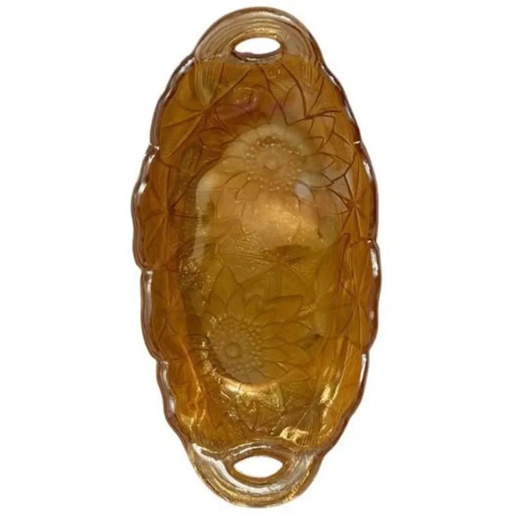 Indiana Marigold Sunflower Relish Dish, Carnival Glass Amber Iridescent